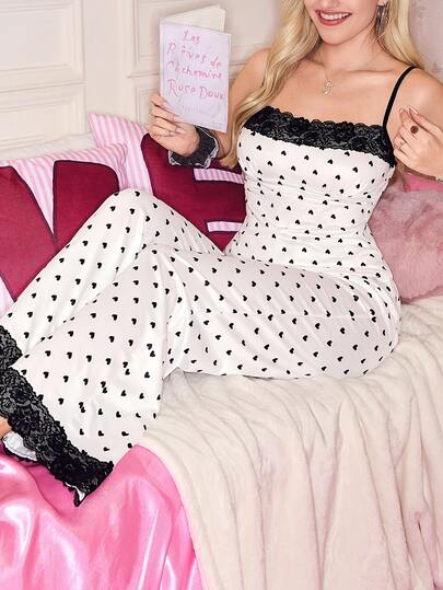 Cute Black Spade Heart Print Pajama Set - Lace Trim Camisole & Loose Pants, Soft & Comfortable 2 Pieces Loungewear