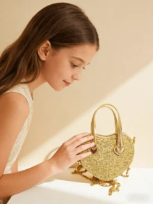 New Sequin Heart Mini Handbag For Girls, Fashion Princess Style Tote Bag, Holiday Gift, Crossbody & Top Handle 2-In-1 Mini Purse For Little Girls, Gold & Silver - Multicolor - View 7