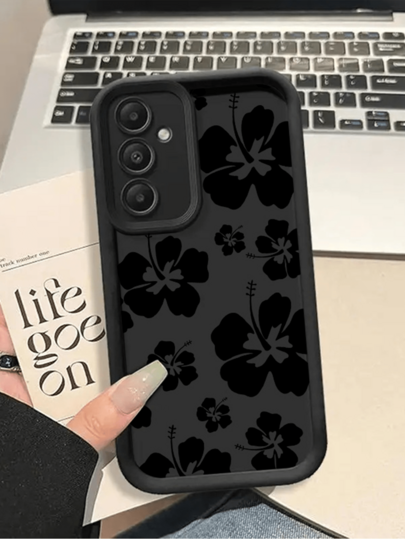1pc Black Floral Minimalist Full Coverage TPU Shockproof Phone Case Compatible With Samsung Series