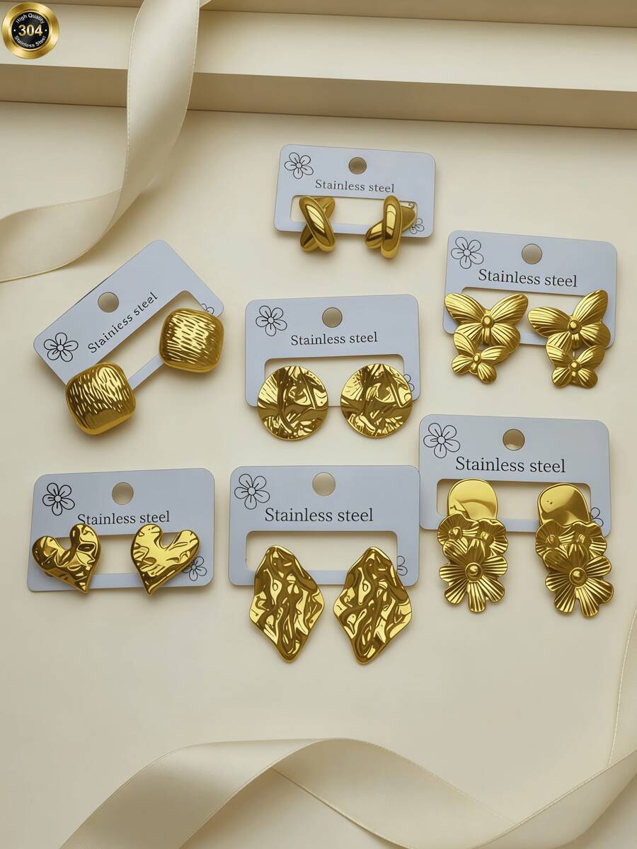 7 Pairs Of Elegant And Luxurious Golden Women's Earrings - 18K Gold Plated, Made Of Stainless Steel, Hypoallergenic. Simple And Mosaic-Free Design, Double Bow Style, Heart-Shaped, Romantic. Round Uneven Design. Perfect For Daily And Festive Wear. Hearts Valentines Jewelry - Multicolor - View 1