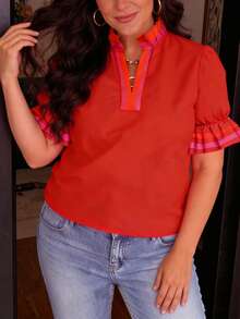 1 Women' Lightweight Ruffle & Puffy Flounce Short Sleeve Blouse With Elastic Cuffs - Contrasting Color Placket, Ribbed Cuffs,Solid Color Spring Summer Casual Shirt, Suitable For Spring Summer - Red - View 3