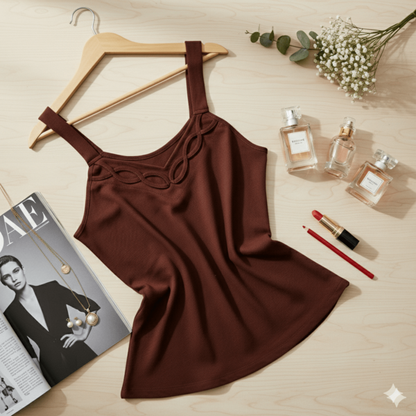 Blusa regata feminina, com alças grossas não reguláveis e detalhe trançado na frente.