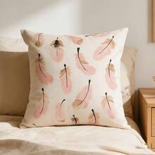 1pc Linen Unfilled Pillowcase, Pink Feather Print Pillowcase, Suitable For Living Room And Home Use - Pink Feathers - View 3