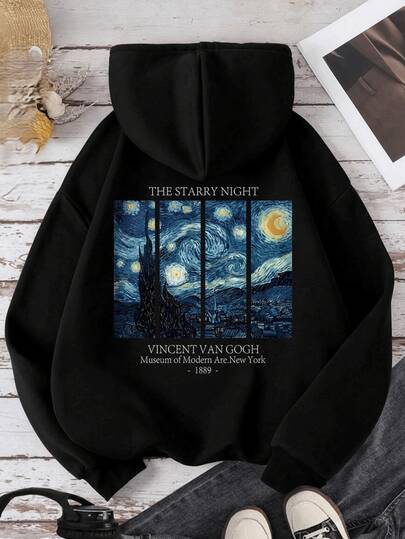 Sudadera casual unisex con capucha, manga larga, corte holgado, estampado pintura La Noche Estrellada, cordón, primavera otoño, estilo artístico diario