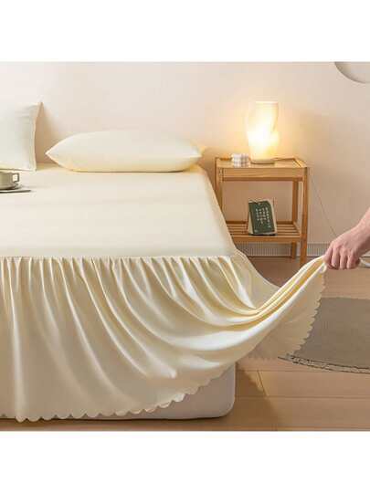 1pc Cream White Washed Cotton Lace Elastic Waist Bed Skirt, Highest Comfort, Antibacterial, Skin-Friendly, Suitable For Bedroom, Guest Room, Dorm, All Seasons