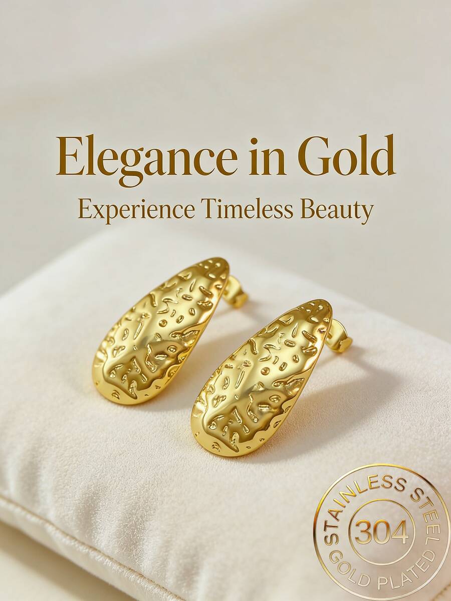 Stainless Steel Gold-Plated Ear Studs, Low Allergenic, Nickel-Free, Teardrop Ear Studs, Thick Gold Lady's Ear Studs, Fashion Declaration Geometric Texture Lightweight Anti-Allergy Ear Studs, Retro Jewelry Dance Party Gifts, Lady's Ear Studs, Fashionable Heavy And Unique Pendant Ear Studs, Lady's Gold Earring Set, Exquisite Gold-Plated Pendant Ear Studs, Anti-Allergy Ear Studs, Fashion Jewelry, Lady's Gifts, Party Gifts - Multicolor - View 1