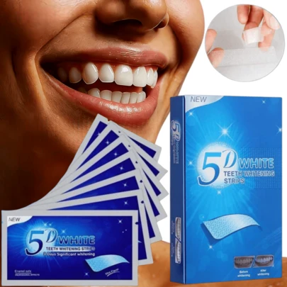 1 Box 5D Teeth Whitening Strips + 1pc Stainless Steel Tongue Scraper Cleaner, Dental Cleaning Tool/Fresh Breath Cleaning