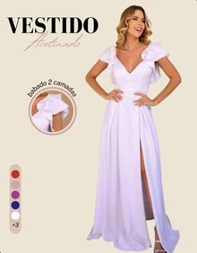 Elegant Women's Satin Long Dress With Ruffled Sleeves, Chic Party Dress With Slit, Fashionable - trắng - Xem 2