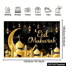 1 tấm phông nền Eid Mubarak phẳng 2D trang nhã, chất liệu polyester, màu đen và vàng với hình trăng lưỡi liềm, kiến trúc Hồi giáo và họa tiết ngôi sao. - màu đen - Xem 6