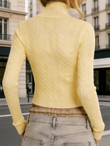 Women's Autumn/Winter Cable Long Sleeve Zip-Up Casual Knit Cardigan - Yellow - View 2