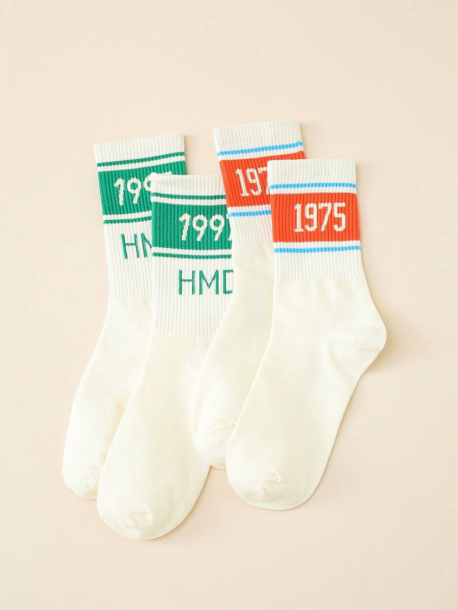 2 Pairs Fashionable Letter Print Versatile Comfortable Mid-Calf Socks - Multicolor - View 1