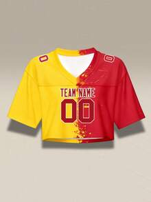 Custom Red Football Jersey Crop Top For Women Personalized Girls City Printed Streetwear With Name Number Customized,Free Design, Fast Shipping,Drop Shoulder - Red - View 3