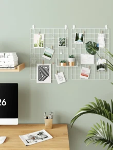 2 piezas Tablero de cuadrícula de pared para fotos, estantería decorativa de metal, pantalla de fotos de pared, para almacenamiento y organización de fotos, con ganchos, pinzas y cuerda de yute, tamaño 18*14 pulgadas y 14*14 pulgadas, opciones en negro y blanco, adecuado para decoración otoñal del hogar y la habitación - Talla única - Ver 6