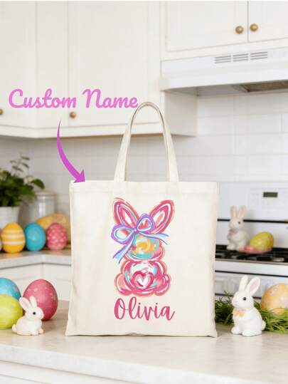 1pc Custom Easter Tote Bag With Name, Personalized Easter Egg Hunt Sack, Reusable Easter Basket Alternative Bag, Cute Bunny & Easter Egg Design, Large Capacity Easter Candy Gift Bag, Personalized Easter Gift Tote, Easter Party Favor Bag, Lightweight Washable Shopping Tote, Reusable Fabric Bag, Family Easter Egg Hunt Essential