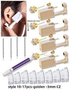 17 pièces/set Kit de perçage d'oreilles jetable et stérile, comprenant 4 pistolets de perçage d'oreilles, 4 tampons de nettoyage d'oreilles, 8 couvercles de protection d'oreilles jetables et imperméables, et 1 stylo de marquage. Convient pour le perçage d'oreilles personnel ou professionnel - Multicolore - Voir 8