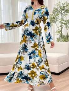 Rochie elegantă Abaya cu imprimeu floral, cu decolteu în V, mânecă lungă și curea, rochie slim fit, îmbrăcăminte pentru Ramadan pentru vacanța de Ramadan - Verde măsline - Vizualizare 2