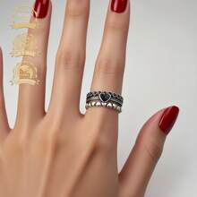 1入組S925純銀黑色心形復古朋克嘻哈中空女士戒指，可調整 - 銀色 - 查看 9