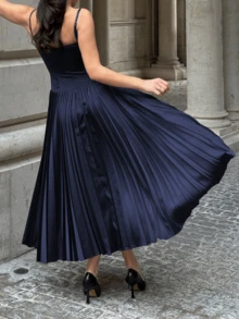 纯色优雅休闲褶皱连衣裙，适合婚礼、生日派对、约会、晚宴、情人节等夏季场合。 - 藏蓝色 - 查看 6