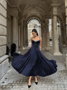 纯色优雅休闲褶皱连衣裙，适合婚礼、生日派对、约会、晚宴、情人节等夏季场合。 - 藏蓝色 - 查看 7