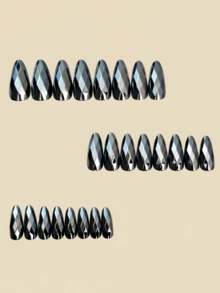 24pcs 3D Rhombus Electroplated Super Shiny Diamond False Nails, Nail Art Supplies, Gothic Style Nails, Almond Shape Nails, Gray Nails - Dark Grey - View 2