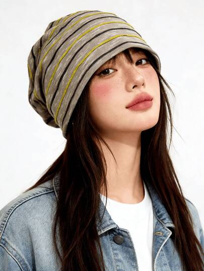 1PC Striped Slouchy Beanie Hat, Casual Minimalist Style, Lightweight Breathable Design, Multiple Color Options, One Size Fits Most Women & Teens, Ideal For Daily Wear, Streetwear, Travel & Commute, All-Season Fashion Headwear