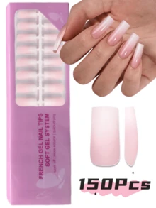 150片装矩形美甲贴纸，粉白渐变软胶美甲贴，肤色与白色渐变，可DIY美甲，简约百搭风格，15种尺寸，适合女性美甲用品 - 粉色 - 查看 8