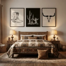 3件套西部牛仔帆布墙画 – 牛头骨、仙人掌和靴子黑白印花，现代简约风格，适用于客厅、卧室和办公室，可选配画框 - 彩色 - 查看 11