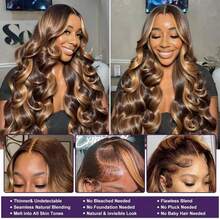 34英寸波浪纹理免胶真人发混纺挑染钢琴色13x4 5x5免胶蕾丝前假发，自然发际线无需胶水，200%密度波浪蕾丝预先拔毛婴儿发，#4/27 自然外观，适合初学者 - S4/27 - 查看 4