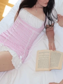 Women's Gingham Babydoll Patchwork Mini Dress White Bow Lace Trim Bow Tie Puff Sleeve Dress Comfortable And Stylish A Line Mini Skirt Cosplay Costume - 粉色 - 查看 2