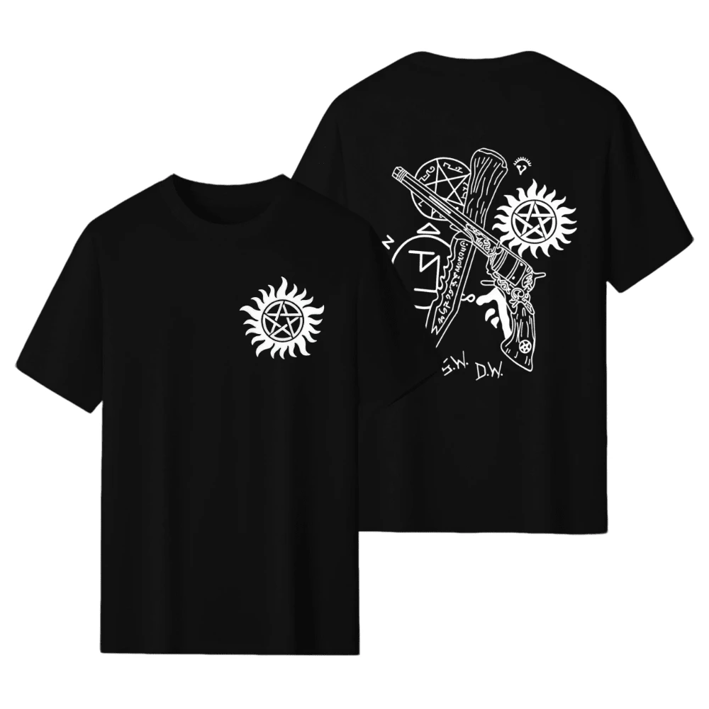 2026 New Supernaturals Printed Short Sleeved T-Shirt For Men And Women, Casual Fashion, Harajuku Hip-Hop, Y2K Short Sleeved Pullover, Summer Pure Cotton T-Shirt, Sports Shirt - 黑色 - 查看 1