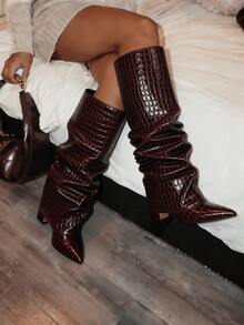 Shark Boots Women's Knee High Boots Fold Over Boots Slouchy Chunky High Heels Shoes Wide Calf Pointed Toe Shoes - 紅色石頭紋 - 查看 5