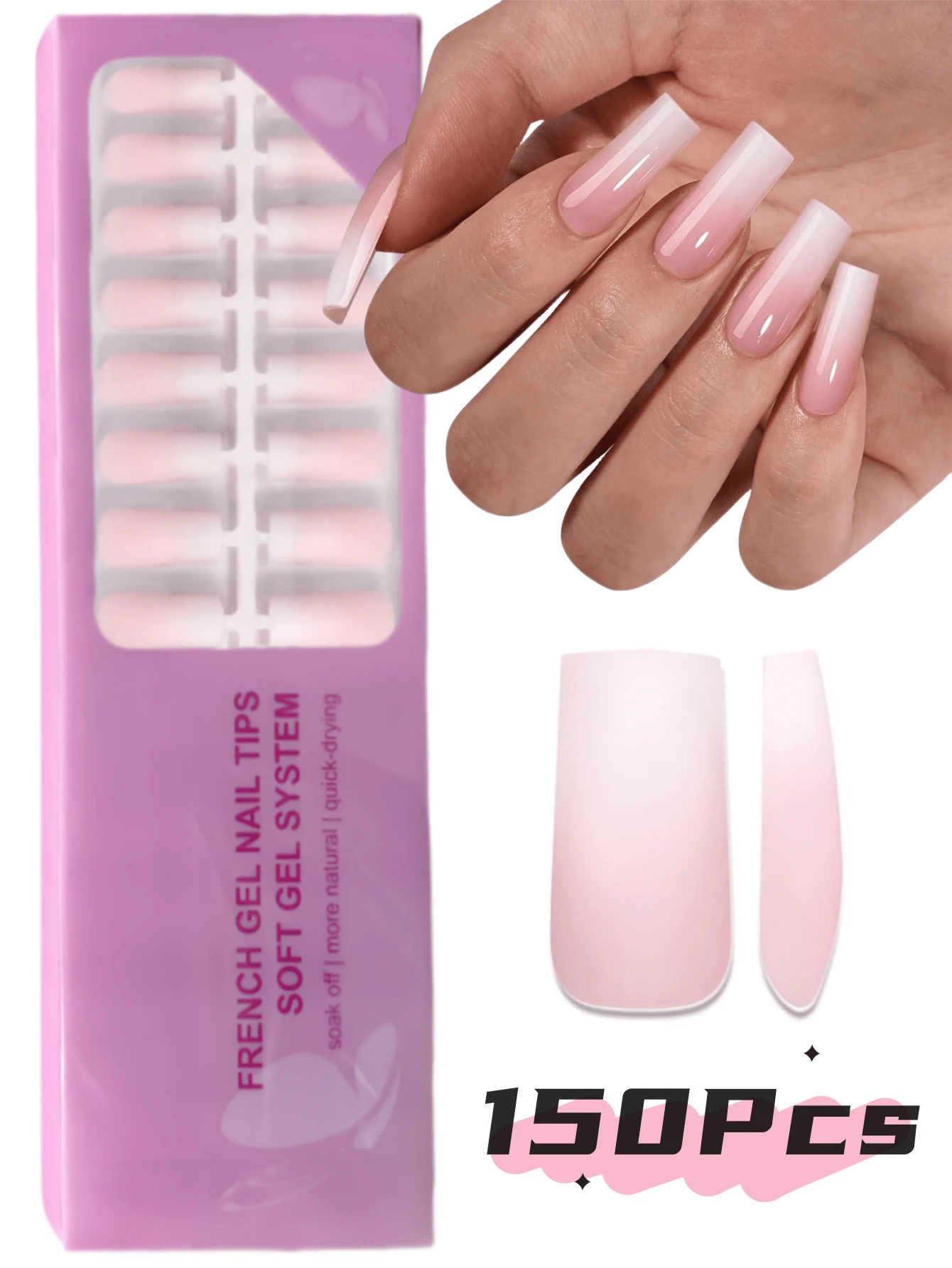 150片装矩形美甲贴纸，粉白渐变软胶美甲贴，肤色与白色渐变，可DIY美甲，简约百搭风格，15种尺寸，适合女性美甲用品
