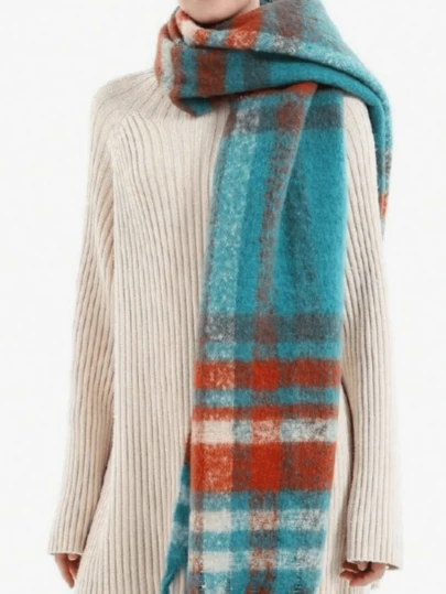 女士复古围巾 冬季保暖披肩和大围巾 寒冷天气加厚羊绒围巾 彩色格子