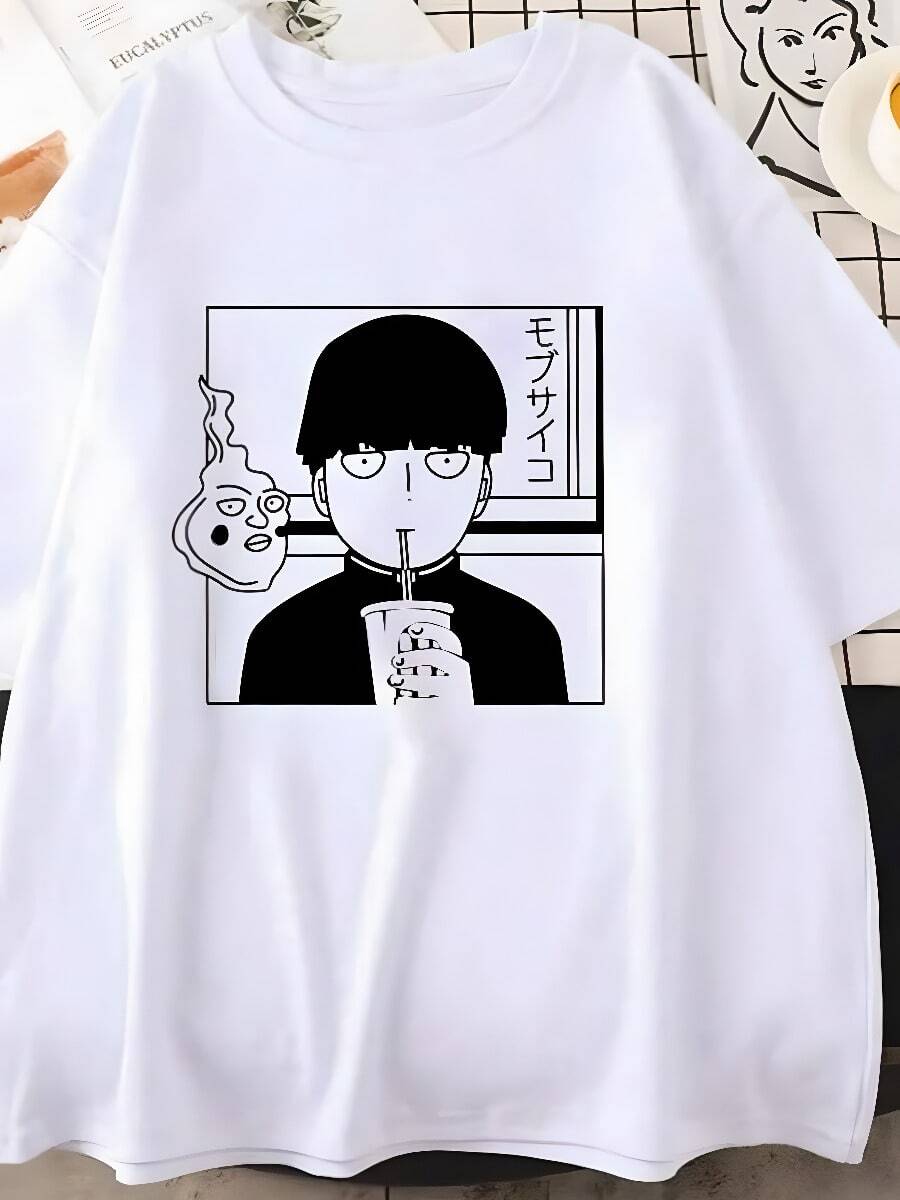 BREATHABLE COOL SUMMER Funnysss Mob Psycho 100 Graphic Printed T-Shirt Men's And Men's Summer Loose High Quality T-Shirt Tops 71833 - trắng - Xem 1