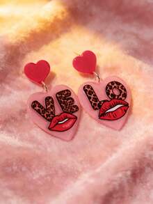 Pink Snail 1 Pair Creative Red Lip & Heart Acrylic Drop Dangle Earrings, Funny Statement Earrings For Women, Girls, Suitable For Valentine's Day, Summer, Winter, Vacation, Holiday, Beach Party, Gifts For Her, Couples - Red Lips and a Heart - View 2