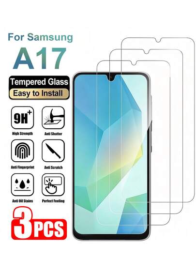 3片装，兼容三星Galaxy A05 A05s A06 A16 A12 A13 4G A14 A15 A17 A22 5G A23 5G A25 A32 4G A32 5G A33 5G A34 A35 A36 A50 A51 A52 A53 5G A54 A54 5G A55 A56G，钢化玻璃屏幕保护膜，无气泡，日常防护必备，适用于办公室、家庭等各种场合。防水防震防摔防刮花，保护手机屏幕。