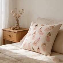 1pc Linen Unfilled Pillowcase, Pink Feather Print Pillowcase, Suitable For Living Room And Home Use - Pink Feathers - View 5