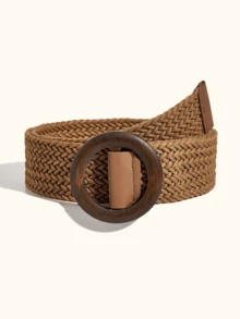 1pc Bohemian Women's Belt, Western Belts, BOHO Vacation Brown Round Wooden Buckle Woven PP Straw Belt To Match Skirts And Pants, Party, Holiday Gift, Daily Commute, Beach Vacation, Beach Accessories For Women, Back To School - Brown - View 2