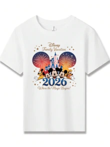 Disney Mickey Minnie Donald Goofy Pluto Castle Fireworks 2026 Printed Pattern T-Shirts For Girls - Children's Clothing Design Short-Sleeved Casual And Cute Style Comfortable And Casual Wear All Year Round Suitable For Parties And Play Machine Washable Gift Children's Clothing Girls' Short-Sleeved Shirts - 白色 - 查看 2