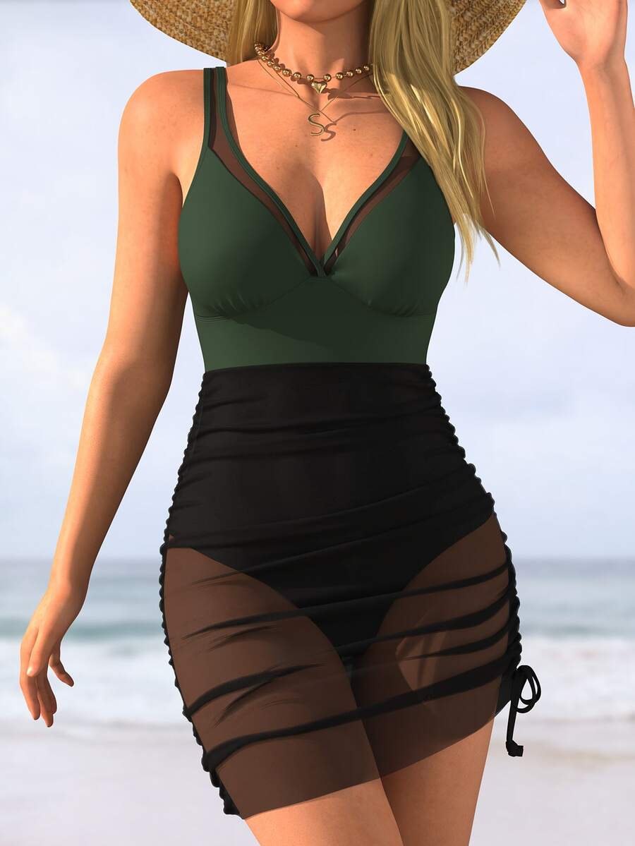 1 pieza Traje de baño de mujer con falda de cordón, escote en V, patchwork verde y negro, para usar en la playa y vacaciones de verano - Verde - Ver 1