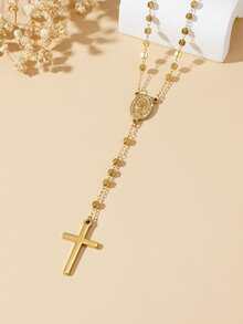 1pc 4mm Stainless Steel Floral Pattern Gold Virgin Mary Cross Rosary Necklace (Inlaid Artificial Diamonds), Lightweight Luxury Necklace For Women's Daily Wear - Black and White - View 10