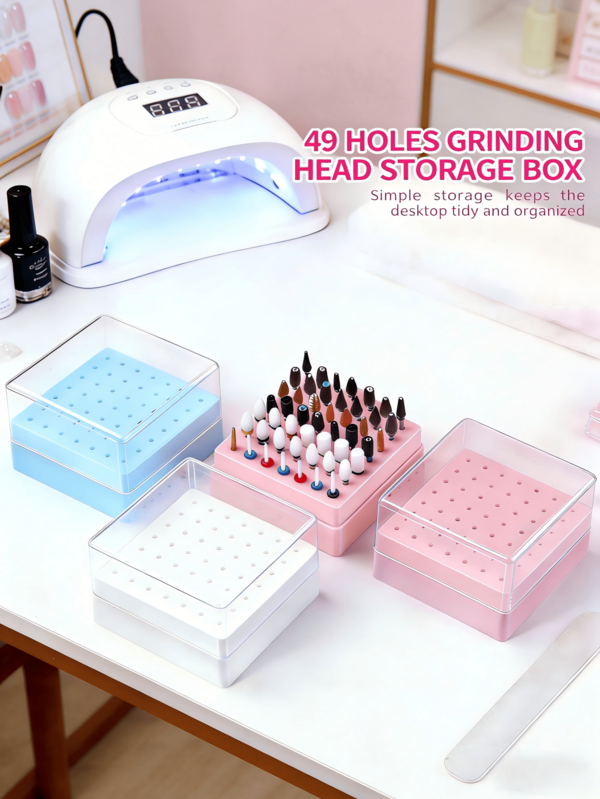 49-Hole Square Nail Drill Bit Storage & Display Box, Dustproof Nail Tool Organizer With Neat Hole Design, Available In 3 Colors Of White, Pink And Blue For Professional Nail Art Supplies Organization