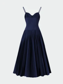 纯色优雅休闲褶皱连衣裙，适合婚礼、生日派对、约会、晚宴、情人节等夏季场合。 - 藏蓝色 - 查看 9