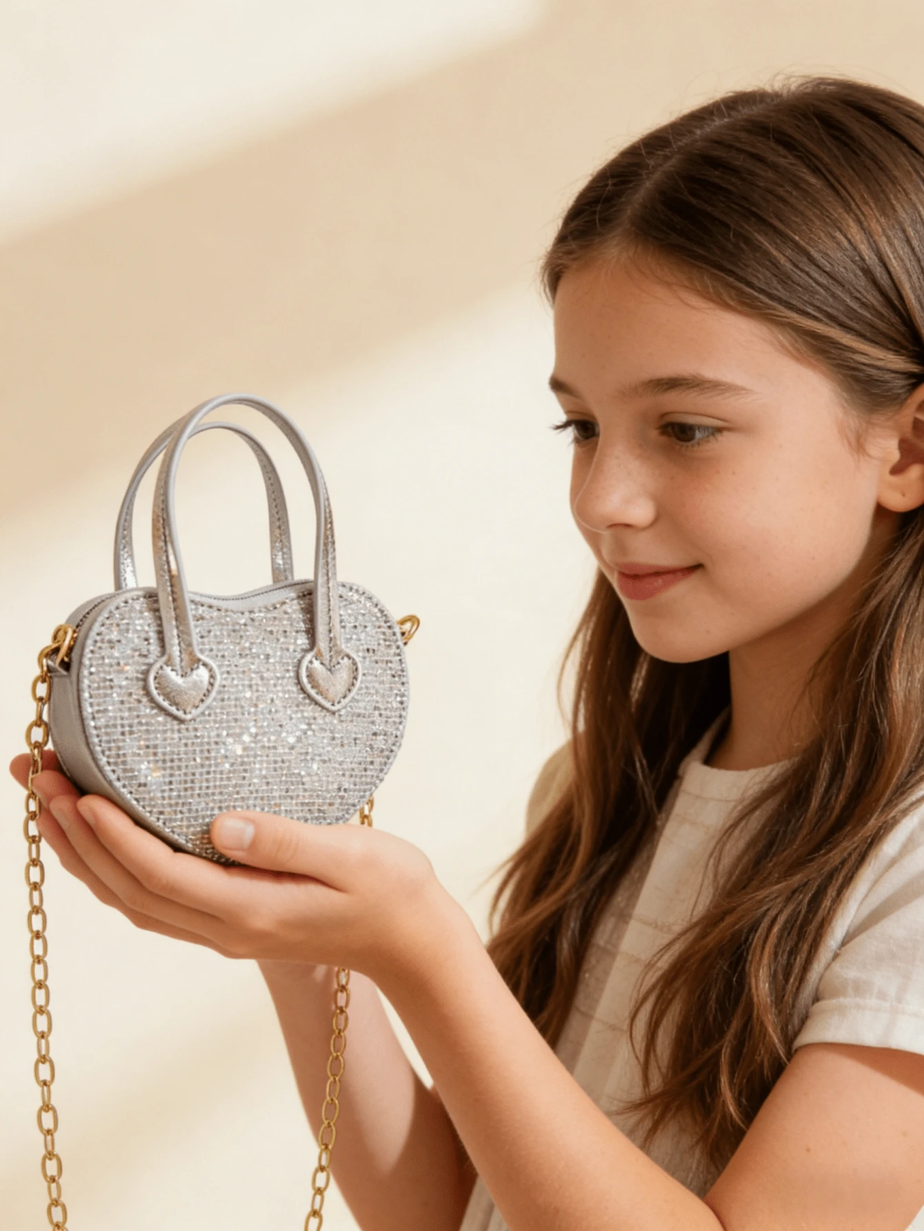 New Sequin Heart Mini Handbag For Girls, Fashion Princess Style Tote Bag, Holiday Gift, Crossbody & Top Handle 2-In-1 Mini Purse For Little Girls, Gold & Silver - Multicolor - View 1