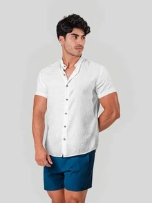 White Dress Shirt, Dunas Fabric, Similar To Linen, Men's, Short Sleeve, Mandarin Collar - Shirt For Summer 2026 - Cool Shirt - Beachwear - 無色 - 查看 1