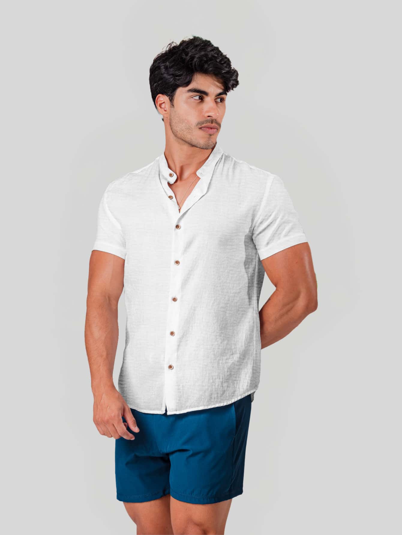 White Dress Shirt, Dunas Fabric, Similar To Linen, Men's, Short Sleeve, Mandarin Collar - Shirt For Summer 2026 - Cool Shirt - Beachwear - 無色 - 查看 1