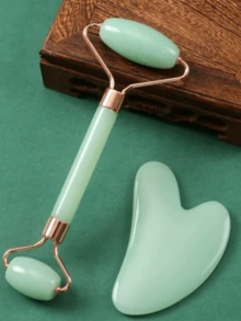 2pcs Facial Beauty Massage Tool Set, Double Roller, Triangle Scraper Body Massage Tool Set, Beauty, Skincare, SPA, Self-Care, Skincare Tools, Facial Care, Beautician Supplies, Massage, Facial Massage Tools, Facial Roller (Green/White/Pink) - Green - View 4