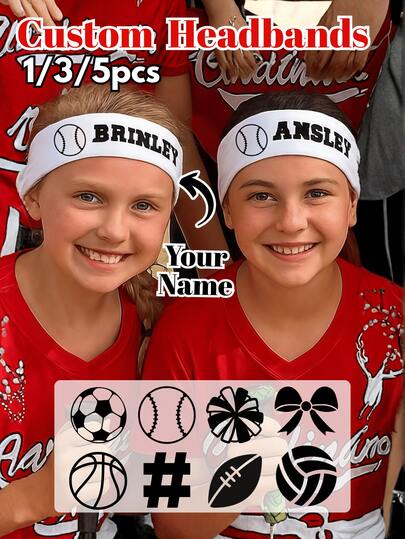 1/3/5pcs, Custom Headband Decorations, Personalized Hair Ties, Custom Ball Icons + Text, Printed With Your Name, Suitable For Team And Cheerleading Decorations, Birthday Party Gifts, Best Friend Themed Parties