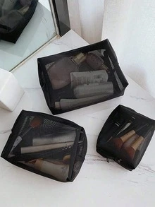 1/2/3pcs Set Black Minimalist Nylon Mesh Makeup Bag, Large Capacity Travel Makeup Organizer Box, Transparent Essential Cosmetic Storage Zipper Pouch, Nail Bag, Makeup Bag, Toiletry Bag, Desktop Organizer - Black - View 3