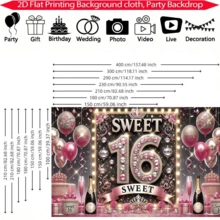 1件粉色生日背景布，印有啤酒礼盒和“Sweet 16”字样，采用高清印花工艺，印制在涤纶面料上，适用于生日派对、庭院和摄影棚拍摄。 - 彩色 - 查看 2